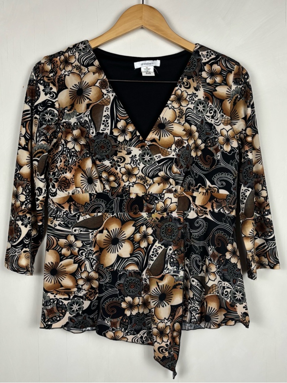 Dressbarn Y2K Brown Floral Faux Wrap Top Boho Fairy Grunge Vintage 2000s Blouse